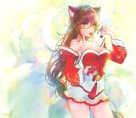  1girl ahri animal_ears bangs bare_shoulders breasts brown_hair cleavage collarbone cowboy_shot detached_sleeves dress eating eyebrows_visible_through_hair fingernails food fox_ears fox_tail fruit hair_between_eyes hands_up holding holding_fruit joypyonn korean_clothes league_of_legends legs_apart long_hair long_sleeves looking_at_viewer medium_breasts mouth_hold multiple_tails red_dress slit_pupils solo strapless strapless_dress tail tassel very_long_hair yellow_eyes 