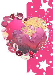  1boy blonde_hair chocolate closed_eyes commentary cup curly_hair doughnut fishnet_gloves fishnets food frilled_sleeves frills funny_valentine gloves highres jiuyuejiuriyi jojo_no_kimyou_na_bouken knee_guards knees_up long_hair long_sleeves macaron male_focus mug pants parted_lips popsicle solo star_(symbol) steel_ball_run striped_clothes striped_pants untranslatable_commentary wafer_stick 