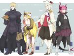  4boys artist_name blonde_hair blue_eyes dragon_tail facial_mark fate/extra fate/extra_ccc fate/grand_order fate/prototype fate_(series) food genderswap genderswap_(ftm) hat horns ibaraki_douji_(fate/grand_order) japanese_clothes jewelry kimono kokesakeko lancer_(fate/extra_ccc) long_hair looking_at_viewer marie_antoinette_(fate/grand_order) multiple_boys oni oni_horns pink_hair pointy_ears saber saber_(fate/prototype) saber_alter signature silver_hair smile tail tattoo tricorne yellow_eyes 