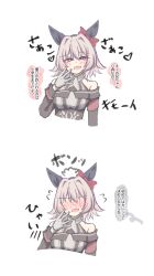  1girl animal_ears bare_shoulders black_hairband blush bow breasts coat commentary_request cropped_torso curren_chan_(fille_eclair)_(umamusume) curren_chan_(umamusume) dress ear_bow ear_covers fang gloves grey_hair hair_between_eyes hairband highres horse_ears horse_girl long_sleeves looking_at_viewer medium_breasts off-shoulder_coat off-shoulder_jacket off_shoulder open_mouth red_bow short_hair simple_background skin_fang smile speech_bubble striped_clothes striped_dress tofu_thunder translation_request umamusume vertical-striped_clothes vertical-striped_dress violet_eyes white_gloves 