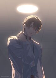  1boy :d artist_name blue_eyes blue_shirt brown_hair ceiling ceiling_light coat commentary_request highres id_card indoors jerome_adams koeda_(k83_4) lanyard long_sleeves looking_at_viewer male_focus open_mouth shirt short_hair smile solo tears_of_themis white_coat 