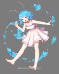  1girl antennae barefoot blue_hair bow company_name dress full_body grey_background gyakushuu_no_fantasica millgua official_art pink_eyes pointy_ears simple_background solo water 