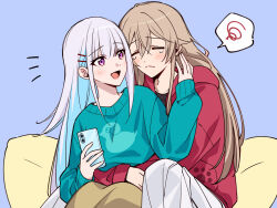  2girls =_= absurdres animal_print aqua_sweater bird_print black_shirt blue_background blush brown_hair brown_skirt cellphone closed_mouth collarbone commentary_request feet_out_of_frame frown furen_e_lustario hair_ornament hairclip highres holding holding_phone hood hooded_jacket hug hug_from_behind jacket kougi_hiroshi lize_helesta long_hair long_sleeves looking_at_another multiple_girls nijisanji notice_lines open_clothes open_jacket pants parallel_hairclips phone print_sweater red_jacket sebastian_piyodore shirt simple_background skirt smartphone split_mouth spoken_squiggle squiggle sweater tears very_long_hair virtual_youtuber white_pants yuri 