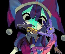  1boy 1girl 7szndc black_background black_eyes blue_hat collared_shirt colored_sclera colored_skin gloves gun hashtag-only_commentary hat hat_bell holding holding_gun holding_weapon jax_(the_amazing_digital_circus) jester jester_cap jester_costume no_mouth no_nose open_mouth outline overalls pink_overalls pomni_(the_amazing_digital_circus) puffy_sleeves purple_hair purple_skin rabbit_boy red_hat shirt short_hair simple_background string string_of_fate the_amazing_digital_circus two-tone_hat weapon white_outline yellow_gloves yellow_sclera 
