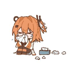  >_< 1girl a.i._voice adachi_rei blowing_nose chibi chibi_only closed_eyes highres holding holding_tissue kurusuke_(kurumi) orange_hair sitting solo tears tissue tissue_box used_tissue utau 