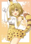  1girl animal_ears blonde_hair blush bow daidai_jamu elbow_gloves fang fox_ears fox_tail gloves highres kemono_friends looking_at_viewer one_eye_closed open_mouth paw_pose serval_(kemono_friends) smile solo tail yellow_bow yellow_eyes 