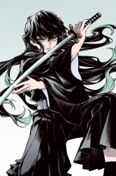  1boy absurdres aqua_eyes aqua_hair belt black_hair black_hakama chinese_commentary closed_mouth commentary_request demon_slayer_uniform hakama hakama_pants heavyrain_dy highres holding holding_sword holding_weapon japanese_clothes katana kimetsu_no_yaiba long_hair looking_at_viewer male_focus multicolored_hair pants solo streaked_hair sword tokitou_muichirou two-tone_hair weapon white_belt 