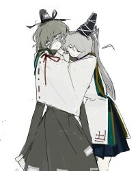  2girls blue_skirt closed_eyes closed_mouth dress gloom_(expression) green_dress green_eyes green_hair grey_hair hair_between_eyes hat highres hug hug_from_behind long_hair long_sleeves medium_hair mononobe_no_futo multiple_girls perro090119 ponytail shirt skirt smile soga_no_tojiko tate_eboshi touhou white_background white_shirt 