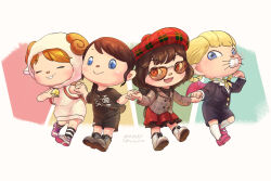  4girls animal_costume animal_crossing backpack bag black_shirt blonde_hair blue_eyes boots braid braided_hair_rings brown_eyes brown_hair clothes_writing commentary hair_rings hat highres hoishere7 holding_hands mary_janes multiple_girls red_hat sheep_costume shirt shoes smile sneakers socks striped_clothes striped_socks translation_request villager_(animal_crossing) 
