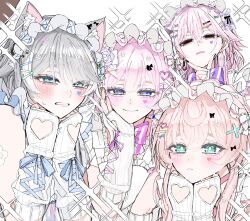  4girls animal_ears aqua_eyes arm_warmers blue_eyes bow bowtie carrot_011 cat_ears cat_girl cipher_(honkai:_star_rail) clenched_teeth commentary_request cross_hair_ornament cyrene_(demiurge)_(honkai:_star_rail) cyrene_(honkai:_star_rail) evernight_(honkai:_star_rail) facial_mark grey_hair hair_ornament heart heart_facial_mark highres honkai:_star_rail honkai_(series) hyacine_(honkai:_star_rail) long_hair maid_headdress march_7th_(honkai:_star_rail) multiple_girls pink_hair red_eyes smile striped_bow striped_bowtie striped_clothes teeth v v_over_mouth violet_eyes white_arm_warmers 