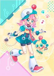  1girl :3 :d :p abstract_background android animal_collar animal_ears aqua_background aqua_dress aqua_eyes aqua_hat artist_name artist_self-insert asui_inui_(vtuber) asuinui baseball_cap black_unitard blush_stickers bolt_(hardware) checkered_background collar commentary dog_ears dog_girl dress eighth_note electric_plug electric_plug_tail english_commentary fangs full_body gloves hat highres indie_virtual_youtuber joints leg_warmers lightning_bolt_symbol looking_at_viewer medium_hair musical_note neckerchief non-humanoid_robot open_mouth pause_button paw_print paw_print_background pawpads pink_hair play_button puffy_short_sleeves puffy_sleeves puppyxels_(asui_inui) red_collar red_neckerchief red_shoes robot robot_animal robot_dog robot_girl robot_joints sailor_collar see-through_clothes shoes short_dress short_sleeves short_twintails sidelocks signature smile speech_bubble spoken_musical_note studded_collar swept_bangs tail thick_eyebrows tilted_headwear tongue tongue_out twintails unitard virtual_youtuber walking white_gloves white_leg_warmers white_sailor_collar yellow_background 