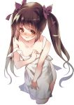  1girl apron bangs blush bow brown_eyes brown_hair collarbone cowboy_shot cropped_legs embarrassed hair_bow himekaidou_hatate ken_(coffee_michikusa) leaning_forward long_hair looking_at_viewer naked_apron nose_blush open_mouth pointy_ears purple_bow solo strap_slip touhou twintails 