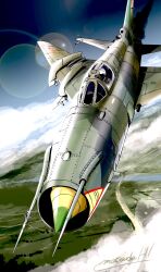  1other above_clouds aircraft airplane blue_sky canopy_(aircraft) clouds commentary_request day fighter_jet flight_suit flying from_above helmet highres lens_flare matsuda_juukou military military_vehicle original outdoors pilot pilot_helmet river shot_down signature sky smoke solo su-22 vehicle_focus 