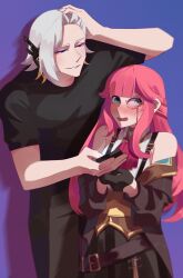 1boy 1girl absurdres aivy_lovencraft blush commentary elchalo eru_nabura fanart genderswap green_eyes headset highres indie_virtual_youtuber long_hair monocle pink_hair simple_background smile standing virtual_youtuber vtuber vtuberfanart white_hair