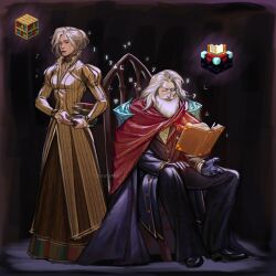  1boy 1girl absurdres armor beard book bookshelf cape closed_eyes collar commentary dress enchantment_table eyeshadow facial_hair full_body gloves hand_on_own_thigh highres holding holding_book juliet_sleeves long_sleeves makeup minecraft object_and_personification old old_man old_woman open_book pants personification ponytail puff_and_slash_sleeves puffy_sleeves shoulder_armor sitting suit twitter_username unatalmeh untranslatable_commentary white_hair yellow_eyes 