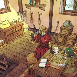  2boys animal_on_shoulder bag black_hair blonde_hair book brown_gloves bucket candle commentary_request curly_hair dragon_quest dragon_quest_vii gloves green_hat hand_on_table hat hero_(dq7) highres holding holding_pen indoors ink kiefer ladder lizard looking_at_another map multiple_boys open_book pen rolled-up_paper short_hair shoulder_bag sitting smile stick sword sword_on_back toriga treasure_chest weapon weapon_on_back window wooden_box wooden_bucket wooden_ladder 