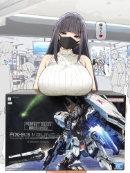  1boy 2girls aimi_(joshi_kousei_rich_thots) black_hair breasts commentary distracted_boyfriend_(meme) gundam heart highres huge_breasts joshi_kousei_rich_thots mask meme model_kit multiple_girls nu_gundam nu_gundam_(rx-93ff) sky-freedom sleeveless spoken_heart sweater untranslatable_commentary violet_eyes 
