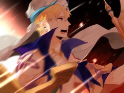  1boy adam's_apple blonde_hair blue_vest commentary_request fate/grand_order fate_(series) gilgamesh_(caster)_(fate) gilgamesh_(fate) goshiko86g looking_ahead male_focus motion_blur open_mouth short_hair shoulder_tattoo solo tattoo turban vest white_turban 