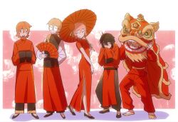  1girl 4boys ahoge arm_behind_back black_hair black_pants black_shirt black_shoes blonde_hair blue_eyes blush brown_hair bun_cover changpao china_dress chinese_clothes chinese_new_year closed_mouth commentary covering_own_mouth cowlick degrees_of_lewdity double-parted_bangs double_bun dress english_commentary full_body green_eyes grin hair_between_eyes hair_bun hair_over_one_eye half-closed_eyes hand_fan head_tilt highres holding holding_fan hunched_over kylar_(degrees_of_lewdity) kylar_(male)_(degrees_of_lewdity) letterboxed lion_dance long_dress long_skirt long_sleeves looking_at_viewer looking_to_the_side low_ponytail mandarin_collar multiple_boys oil-paper_umbrella one_eye_covered open_mouth outside_border pankou pants pants_under_skirt paper_fan pink_hair player_character_(degrees_of_lewdity) player_character_(female)_(degrees_of_lewdity) ponytail puffy_pants red_dress red_pants red_shirt red_skirt red_umbrella robin_(degrees_of_lewdity) robin_(male)_(degrees_of_lewdity) round_eyewear ru2786764357 sash shanghai_neckline shirt shoes short_hair side_ponytail side_slit sidelocks skirt sleeves_past_fingers sleeves_past_wrists smile standing sydney_(degrees_of_lewdity) sydney_(male)_(degrees_of_lewdity) tangzhuang thick_eyebrows toggles two-tone_shirt umbrella v-shaped_eyebrows violet_eyes walking white_shirt white_sleeves whitney_(degrees_of_lewdity) whitney_(male)_(degrees_of_lewdity) yellow_eyes yellow_sash yellow_shoes 