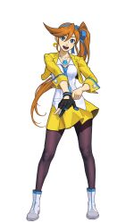  1girl :d ace_attorney athena_cykes black_pantyhose blue_eyes blue_hairband blue_necktie boots breasts collared_shirt crescent crescent_earrings cropped_jacket earrings full_body gloves hair_ribbon hairband highres jacket jewelry long_hair looking_at_viewer medium_breasts miniskirt necklace necktie official_art open_clothes open_jacket open_mouth orange_hair pantyhose partially_fingerless_gloves phoenix_wright:_ace_attorney_-_spirit_of_justice pleated_skirt ribbon second-party_source shirt side_ponytail simple_background single_earring single_glove skirt smile solo standing tachi-e transparent_background white_boots white_shirt yellow_jacket yellow_skirt 