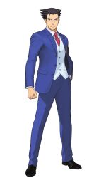  1boy ace_attorney black_hair black_shoes blue_eyes blue_jacket blue_pants blue_suit clenched_hand closed_mouth collared_shirt full_body hand_in_pocket highres jacket long_sleeves looking_at_viewer male_focus necktie official_art pants phoenix_wright phoenix_wright:_ace_attorney_-_spirit_of_justice red_necktie second-party_source shirt shoes short_hair simple_background solo spiky_hair standing suit tachi-e transparent_background vest white_shirt 