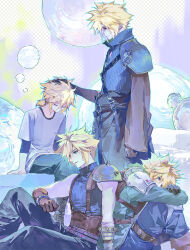 1boy 4boys apron armor back-to-back black_apron black_gloves blonde_hair blue_eyes closed_eyes closed_mouth cloud_strife commentary_request crisis_core:_final_fantasy_vii detached_sleeves enmokuritsu-d feet_out_of_frame fenrir_(final_fantasy) final_fantasy final_fantasy_vii final_fantasy_vii:_advent_children final_fantasy_vii_remake gloves hand_on_another's_head highres knees_up looking_at_another low_ponytail male_focus multiple_boys multiple_persona multiple_views ponytail ribbed_shirt shinra_infantry_uniform shirt short_hair shoulder_armor single_detached_sleeve sitting sleeveless sleeveless_turtleneck spiky_hair standing suspenders sweater t-shirt turtleneck turtleneck_sweater waist_apron white_shirt 