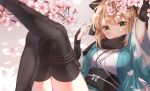  1girl ahoge blonde_hair blush bow breasts cherry_blossoms fate_(series) flower hair_bow highres japanese_clothes jimmy kimono koha-ace looking_at_viewer sakura_saber sash scarf short_hair solo thigh-highs yellow_eyes 