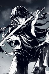  1boy absurdres belt chinese_commentary closed_mouth commentary_request demon_slayer_uniform greyscale hakama hakama_pants heavyrain_dy highres holding holding_sword holding_weapon japanese_clothes katana kimetsu_no_yaiba long_hair looking_at_viewer male_focus monochrome multicolored_hair pants solo streaked_hair sword tokitou_muichirou two-tone_hair weapon 