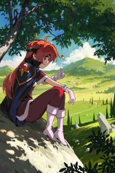  1girl absurdres ahoge arm_on_knee armor belt black_headband boots boulder cape clouds cloudy_sky coin coin_flip commentary day full_body gloves gold_coin grass headband highres hill jewelry leaf lina_inverse long_hair looking_at_viewer orange_hair outdoors pants pauldrons red_eyes red_pants road scenery shadow shoulder_armor sitting sky slayers smirk solo sparkle two-sided_cape two-sided_fabric vertigris white_boots white_gloves 