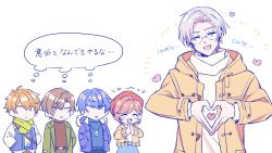  1girl 4boys artem_wing_(tears_of_themis) beret blue_jacket blue_jay brown_coat brown_hair brown_jacket closed_eyes coat commentary_request dog_tags facing_viewer fur-trimmed_jacket fur_trim green_coat hands_in_pockets hat heart heart_hands highres jacket koeda_(k83_4) luke_pearce_(tears_of_themis) marius_von_hagen_(tears_of_themis) multiple_boys open_mouth purple_hair rosa_(tears_of_themis) scarf semi-rimless_eyewear short_hair sweater tears_of_themis turtleneck turtleneck_sweater under-rim_eyewear vyn_richter_(tears_of_themis) white_background white_hair white_sweater winter_clothes winter_coat winter_uniform yellow_scarf 
