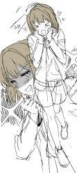  >_< 1girl 1other absurdres blush commentary_request grey_hair greyscale grin hand_on_another's_head heart highres love_live! love_live!_nijigasaki_high_school_idol_club meobbab2 monochrome multiple_views nakasu_kasumi open_mouth smile sparkle spot_color 