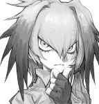  1girl bokotops chin_stroking eyebrows_visible_through_hair fingerless_gloves gloves head_wings kemono_friends looking_at_viewer monochrome shirt shoebill_(kemono_friends) side_ponytail solo thinking 