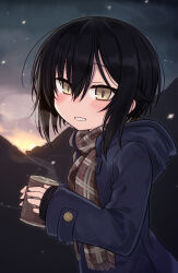  1girl black_hair blue_coat blush brown_scarf can coat commentary_request holding holding_can hood hood_down hooded_coat long_sleeves looking_at_viewer null_(nyanpyoun) original parted_lips scarf short_hair sleeves_past_wrists smile solo yellow_eyes 