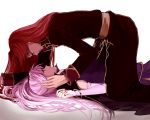  1boy 1girl bracelet breasts delsaber dress elbow_gloves face-to-face fingerless_gloves fire_emblem fire_emblem:_seisen_no_keifu gloves grin hand_on_another&#039;s_head hetero ishtar_(fire_emblem) jewelry kneeling long_hair lying on_back pink_eyes pink_hair pinned red_eyes redhead robe sash simple_background smile straddling white_background yurius_(fire_emblem) 