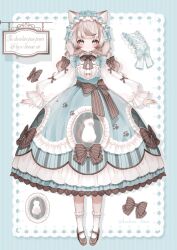  1girl absurdres animal_ears animal_print arms_at_sides blue_border blue_eyes blunt_bangs blush border bow bowtie brown_bow brown_bowtie brown_hair brown_shoes cat_ears cat_girl cat_print closed_mouth commentary_request dress dress_bow frilled_dress frilled_socks frills full_body green_dress hair_bow highres konkave_linse long_hair looking_at_viewer mary_janes original outside_border pinafore_dress print_dress shoes simple_background sleeveless sleeveless_dress smile socks solo standing straight-on striped_border striped_bow striped_bowtie striped_clothes striped_dress vertical-striped_clothes vertical-striped_dress white_background white_socks 