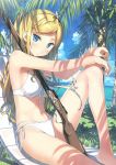  1girl absurdres bare_legs barefoot beach between_breasts bikini blonde_hair blue_eyes blush breasts cleavage clouds eyebrows_visible_through_hair front-tie_bikini front-tie_top gun hair_over_breasts hair_ribbon highres huge_filesize kantoku leg_up long_hair looking_at_viewer medium_breasts navel original outdoors palm_tree ribbon rifle scan shiny shiny_skin side-tie_bikini sky solo swimsuit tree weapon 