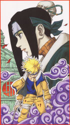  2boys absurdres bandaged_hand bandaged_leg bandages black_hair blonde_hair blood blood_on_clothes blue_shirt colored_smoke forehead_protector haku_(naruto) highres jacket kishimoto_masashi konohagakure_symbol kubrick_stare looking_at_viewer multiple_boys naruto_(classic) naruto_(series) official_art open_clothes open_jacket orange_jacket orange_pants pants red_eyes shirt smoke uzumaki_naruto 