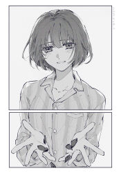  1girl :d alternate_hair_length alternate_hairstyle artist_name bob_cut commentary_request grin highres koeda_(k83_4) leaf long_sleeves looking_at_viewer monochrome pajamas rosa_(tears_of_themis) short_hair simple_background smile solo tears_of_themis teeth upper_body white_background 