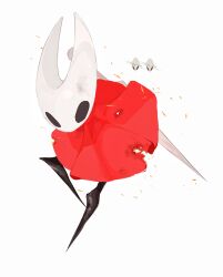  1girl arthropod_girl cloak commentary film_grain full_body halftone highres hightguy hollow_eyes hollow_knight hollow_knight:_silksong horned_mask hornet_(hollow_knight) knee_up leaning_forward looking_at_viewer mask needle_(hollow_knight) no_mouth red_cloak simple_background solo standing standing_on_one_leg torn_cloak torn_clothes untranslatable_commentary weapon weapon_on_back white_background white_mask 