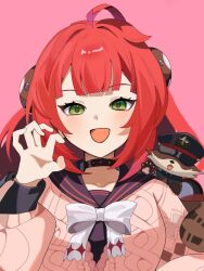  1girl :d black_choker black_sailor_collar bow braid braided_twintails cardigan choker claw_pose green_eyes hair_ornament highres long_hair looking_at_viewer open_mouth pink_background pink_cardigan red_hair sailor_collar smile solo sphere_hair_ornament tanuki tomura_daze ukinami_yuzuha upper_body white_bow zenless_zone_zero 