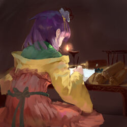  1girl absurdres calligraphy_brush chinese_commentary commentary_request diao_(nrays) facing_away flower from_behind green_kimono hair_flower hair_ornament hakama hakama_skirt hieda_no_akyuu highres japanese_clothes kimono long_hair long_sleeves paintbrush purple_hair sitting skirt solo touhou white_flower wide_sleeves writing yellow_kimono 
