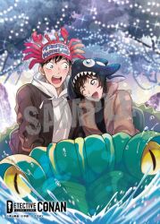  1boy 1girl ;d black_hair black_sweater blurry brown_coat coat commentary_request copyright_logo copyright_notice couple crab_hat depth_of_field eye_contact glint green_eyes hood hood_down hoodie logo long_sleeves looking_at_another meitantei_conan meitantei_conan_card_game nagisa_mmm official_art one_eye_closed open_clothes open_coat open_mouth orca_hat outdoors sample_watermark satou_miwako short_hair smile splashing sweater takagi_wataru_(meitantei_conan) teeth upper_teeth_only watermark white_hoodie 