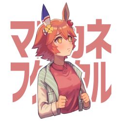  +_+ 1girl absurdres animal_ears blush closed_mouth clover_hair_ornament commentary_request cropped_torso daruma_doll ear_covers erulusyro flipped_hair hair_between_eyes hair_ornament highres horse_ears horse_girl jacket long_sleeves matikanefukukitaru_(casual)_(umamusume) matikanefukukitaru_(umamusume) orange_hair pink_shirt shirt short_hair single_ear_cover solo striped_clothes striped_jacket umamusume vertical-striped_clothes vertical-striped_jacket 