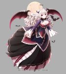  1girl bat bat_wings breasts cleavage company_name curly_hair flower full_body grey_background gyakushuu_no_fantasica long_hair millgua moon official_art pink_eyes simple_background solo white_hair wings 