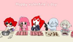  6+girls :d ahoge black_jacket blonde_hair blush candy character_request chiccha_na_watashi_(synthesizer_v) chocolate commentary_request deformed drill_hair food gloves hair_between_eyes happy_valentine headpat heart heart-shaped_chocolate heart-shaped_food jacket kasane_teto kasane_teto_(sv) korean_commentary liar_dancer_(synthesizer_v) long_hair mixing_bowl multiple_girls musekinin_shuugoutai_(synthesizer_v) pale_skin pink_hair pink_jacket rabbit red_hair sevenonety_7171 shirt short_hair single_glove smile striped_clothes striped_jacket sunglasses table ui_(voisona) ultra_trailer_(synthesizer_v) valentine white_shirt 