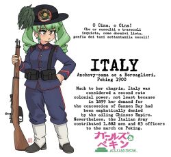  anchovy_(girls_und_panzer) chinese_text commentary drill_hair english_commentary english_text furrowed_brow girls_und_panzer gun hand_on_own_hip hat_feather historical_connection italian_text light_blush puffy_cheeks shengongfuti soldier solo weapon white_background 