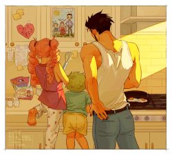  1girl 2boys aged_down bare_shoulders belt black_hair blue_shirt breakfast commentary denim dracule_mihawk drawing_(object) drill_hair from_behind green_hair hand_on_own_hip highres indoors jeans kitchen long_hair mrygyuu multiple_boys one_piece pants perona pink_hair pink_shirt roronoa_zoro shirt short_hair shorts standing tank_top twin_drills white_pants white_tank_top 