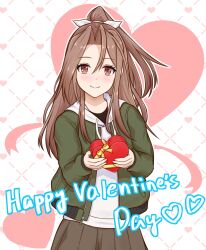  1girl ar_(ar_d3a) box brown_eyes brown_hair gift green_jacket grey_skirt grid_background happy_valentine heart heart-shaped_box high_ponytail highres hood hooded_sweater hoodie jacket kantai_collection long_hair ponytail skirt solo sweater white_background white_hoodie white_sweater zuihou_(kancolle) zuihou_(valentine)_(kancolle) 