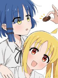  2girls ahoge blonde_hair blue_hair bocchi_the_rock! hair_ornament hairclip hashtag-only_commentary highres ijichi_nijika looking_at_viewer multiple_girls open_mouth parallel_hairclips red_eyes shirt ta4831 white_shirt yamada_ryo yellow_eyes 