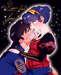  1girl absurdres anger_vein blue_eyeshadow blue_hair braid character_name cosplay eye_contact eyeshadow gag garnel_(letsgotomato11) hairband hetero highres improvised_gag juliet_capulet juliet_capulet_(cosplay) lipstick_mark looking_at_another makeup ranma_1/2 saotome_ranma short_hair single_braid tape tape_gag tendou_akane yellow_eyes yellow_hairband 